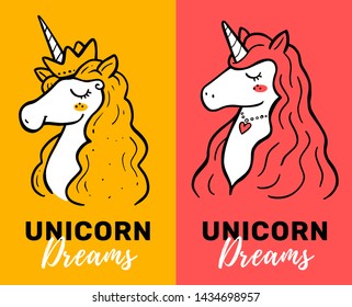 Vector set of illustration of head of magic unicorn with horn, mane and close eyes on color background with text. Line art style design to make unicorn party poster, invitation, greeting card