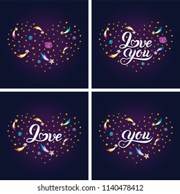 Vector set illustration Heart of falling stars, planets, comets and galaxies on a cosmic background. Heart in universe. Space design. Lettering text Love you in heart shape in universe. T shirt design