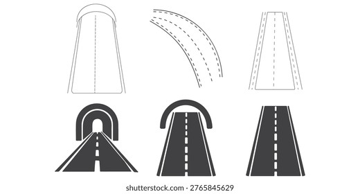 Vector set illustration of highway road icons. Simple transport silhouette icon design collection.