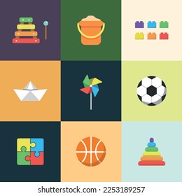Vector set of illustration icons of children's toys, entertainment and hobbies for children, for a child.