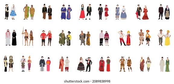 Vector Set of illustration of international people in traditional costumes around the world