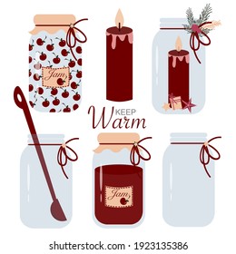 Vector set of illustration of a jar of jam, spoon, candle, cherry isolated on white background for postcard, logo,  invitations, greeting cards, business card. Keep warm
