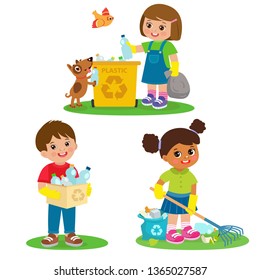 Vector Set Illustration Kids Picking Up Plastic Bottles Into Garbage Bags. Children Cleaning Environment From Trash. Kids Collect Rubbish For Recycling. Eco Education Vector. Boy And Girl