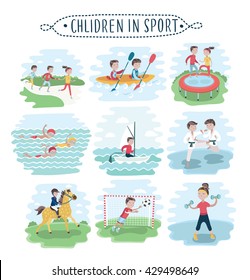 Vector set of illustration of kids playing various sports on white