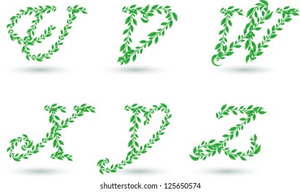 Vector set illustration a leaves u-z letter on white.