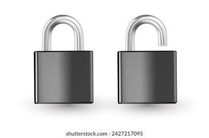 Vector set of illustration of locked and unlocked padlock on white background. 3d style design of metallic shine lock for web, site, banner, poster