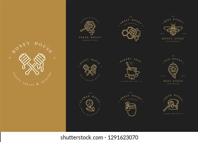 Vector set illustration logos and design templates or badges. Organic and eco honey labels and tags with bees. Linear style and golden color