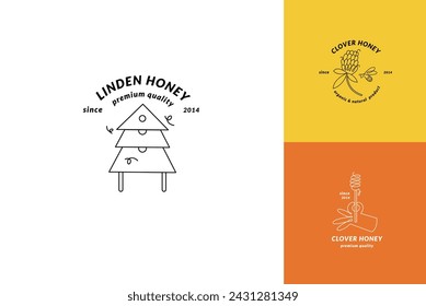 Logotipos de ilustración vectorial y plantillas de diseño o insignias. Etiquetas y etiquetas de miel orgánica y ecológica con abejas. Estilo lineal