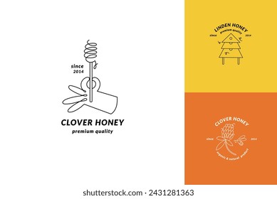 Logotipos de ilustración vectorial y plantillas de diseño o insignias. Etiquetas y etiquetas de miel orgánica y ecológica con abejas. Estilo lineal