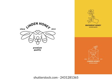 Logotipos de ilustración vectorial y plantillas de diseño o insignias. Etiquetas y etiquetas de miel orgánica y ecológica con abejas. Estilo lineal