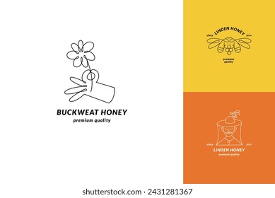 Logotipos de ilustración vectorial y plantillas de diseño o insignias. Etiquetas y etiquetas de miel orgánica y ecológica con abejas. Estilo lineal