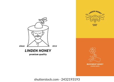 Logotipos de ilustración vectorial y plantillas de diseño o insignias. Etiquetas y etiquetas de miel orgánica y ecológica con abejas. Estilo lineal