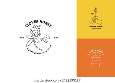 Logotipos de ilustración vectorial y plantillas de diseño o insignias. Etiquetas y etiquetas de miel orgánica y ecológica con abejas. Estilo lineal