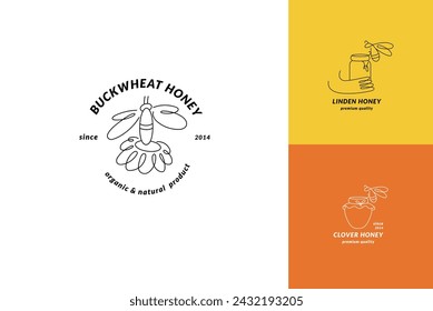 Logotipos de ilustración vectorial y plantillas de diseño o insignias. Etiquetas y etiquetas de miel orgánica y ecológica con abejas. Estilo lineal