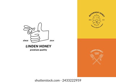 Logotipos de ilustración vectorial y plantillas de diseño o insignias. Etiquetas y etiquetas de miel orgánica y ecológica con abejas. Estilo lineal