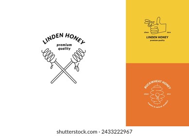 Vector set illustration logos and design templates or badges. Organic and eco honey labels and tags with bees. Linear style