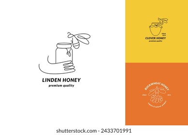 Logotipos de ilustración vectorial y plantillas de diseño o insignias. Etiquetas y etiquetas de miel orgánica y ecológica con abejas. Estilo lineal