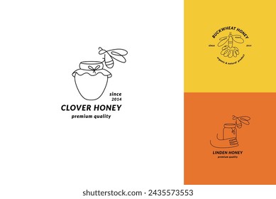 Logotipos de ilustración vectorial y plantillas de diseño o insignias. Etiquetas y etiquetas de miel orgánica y ecológica con abejas. Estilo lineal