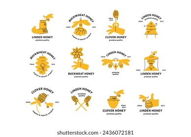 Logotipos de ilustración vectorial y plantillas de diseño o insignias. Etiquetas y etiquetas de miel orgánica y ecológica con abejas. Estilo lineal