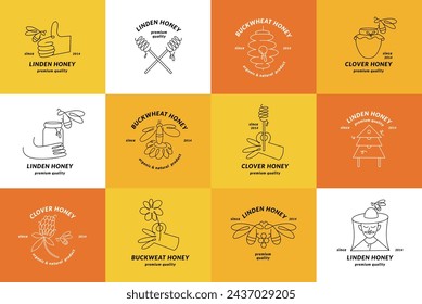 Logotipos de ilustración vectorial y plantillas de diseño o insignias. Etiquetas y etiquetas de miel orgánica y ecológica con abejas. Estilo lineal