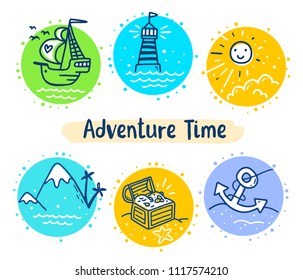 Vector set of illustration of lovely cartoon adventure symbol in frame on white background with text. Line art style design for web, greeting card, print, tshirt, sticker