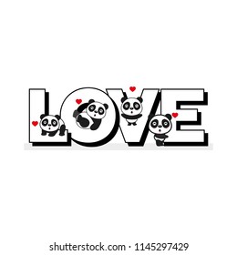 Vector set of illustration of lovely cartoon many panda with a big "LOVE" word on white background.Valentine's day greeting card.