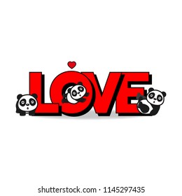 Vector set of illustration of lovely cartoon many panda with a big "LOVE" word on white background.Valentine's day greeting card.