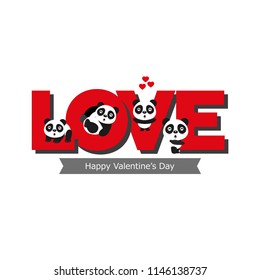 Vector set of illustration of lovely cartoon many panda with a big "LOVE" word.Valentine's day greeting card.