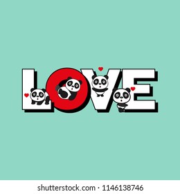 Vector set of illustration of lovely cartoon many panda with a big "LOVE" word.Valentine's day greeting card.