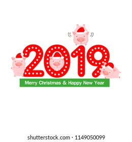 Vector set of illustration of lovely cartoon many pig in Santa hat with a big "2019" word. Christmas and New Year greeting card.