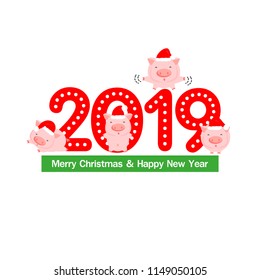 Vector set of illustration of lovely cartoon many pig in Santa hat with a big "2019" word. Christmas and New Year greeting card.