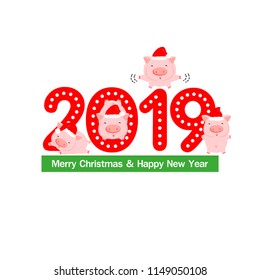 Vector set of illustration of lovely cartoon many pig in Santa hat with a big "2019" word. Christmas and New Year greeting card.