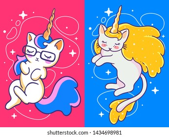 Vector set of illustration of magic beautiful cat unicorn with golden horn, mane and close eye on color background with star. Line art design of cat unicorn for party poster, invitation, greeting card