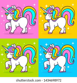 Vector set of illustration of magic white unicorn with rainbow mane, horn and close eyes. Line art design on bright color background with star to make unicorn party poster, invitation, greeting card