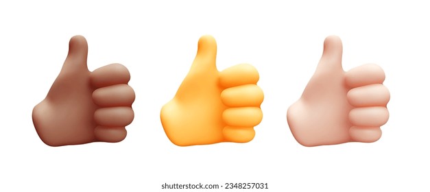 Vector set of illustration of male hand gesture thumb up sign good on white color background. 3d vector mesh style emoji design of man black and white skin hand for web, banner, poster, print