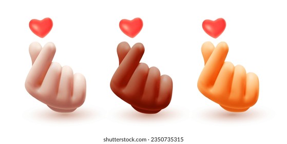 Vector set of illustration of male hand gesture sign i love you with red heart on white color background. 3d mesh style emoji design of man black and white skin hand for web, banner, poster, print