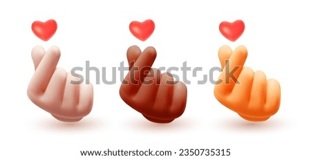 Vector set of illustration of male hand gesture sign i love you with red heart on white color background. 3d mesh style emoji design of man black and white skin hand for web, banner, poster, print