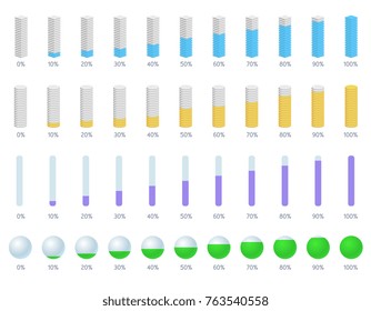 Vector set illustration with many modern colorful vertical and round progress bar, loading and buffering percentage diagram on white background. Flat style different type preloader bar indicator