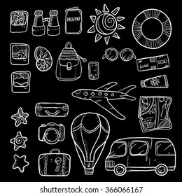 Vector set. Vector illustration with many objects. Illustration set with doodle style things on black background. Blackboard style.