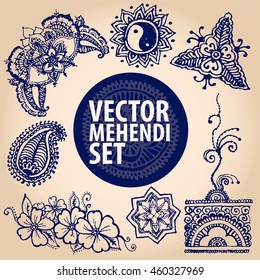 vector set : illustration mehendi, henna tattoo 