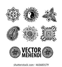 vector set : illustration mehendi, henna tattoo 