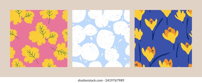 Vector set illustration with mimosa flowers, white dandelion flowers and yellow crocus. Seamless pattern with spring flowers