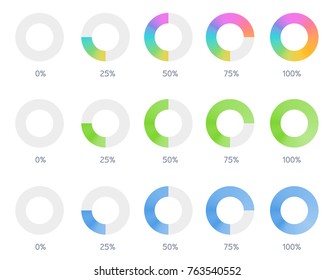 Vector Set Illustration With Modern Colorful Circle Progress Bar, Loading And Buffering Percentage Diagram On White Background. Flat Style Icon Indicator Download Progress. Percent Pie Chart Design