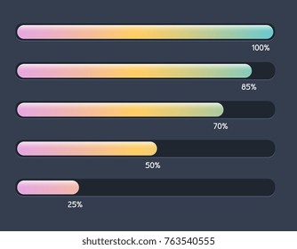 Vector set illustration with modern colorful horizontal progress bar, loading and buffering percentage diagram. Flat style preloader bar indicator download progress design for web site interface