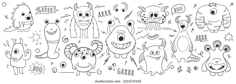 Vector set of illustration of monsters in doodle style. Coloring page. Graphic illustration for kids design, decoration kids room, for pattern design. In line style. Funny line hand-drawn aliens.