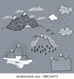 Vector set with illustration mountain peaks end graphic elements. The mountains are calling and i must go.