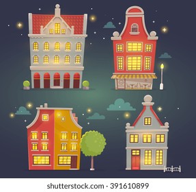 Vector set of illustration of night city buildings on dark blue sky background. Art design for web, site, advertising, banner, poster, flyer, brochure, board, card, paper print.