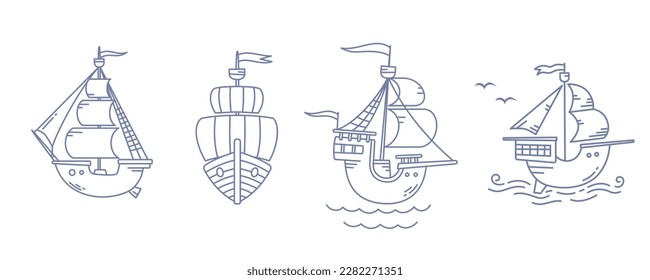 Vector set of illustration of old ship with sail and wave on white color background. Flat line art style design of ship at see for web, banner, poster, print