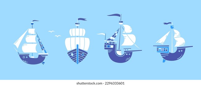 Vector set of illustration of old ship with white sail and wave on blue color background. Flat line art style design of different ship at sea for web, banner, poster, print