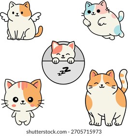 Vector conjunto de ilustración de una madre gata naranja y blanco con cuatro gatitos adorables en una pose familiar cálida, adecuado para pegatinas o tarjetas de felicitación.